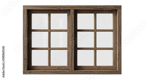 Vector illustration of rustic wooden window frame with glass panes on a transparent background