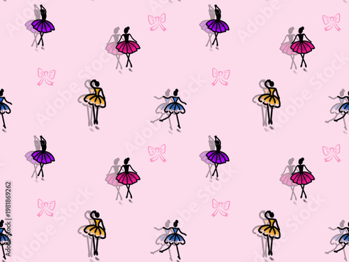 Seamless pattern of cheerful ballerinas on pink background. Feminine and artistic design for clothing, fabrics, and products.