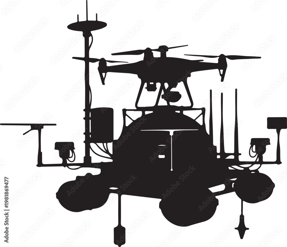 Naklejka premium Drone, unmanned aerial vehicle, UAV, aircraft, silhouette, black