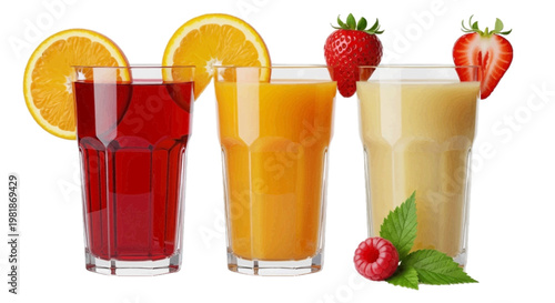 Vector illustration of three glasses of fresh fruit juice with orange and strawberry slices on a transparent background