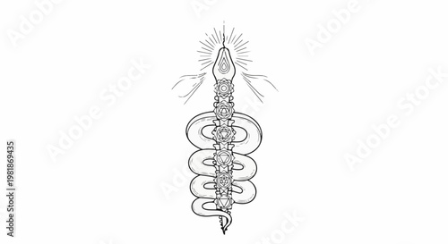Stylized coiled serpent with chakra symbols and radiating light