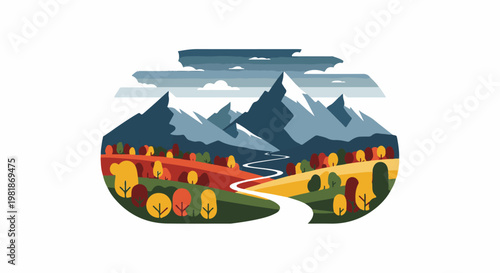 Stylized, colorful landscape with mountains, winding river, and autumn foliage