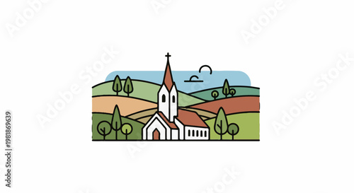 Stylized countryside scene with a church and rolling hills