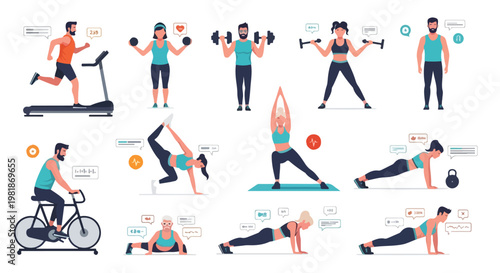 Set of 12 Flat Vector Illustrations of People Exercising and Working Out