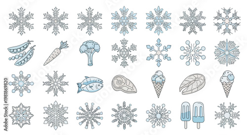 Collection of snowflake icons, frozen vegetables, and cold food items representing winter and frosty conditions