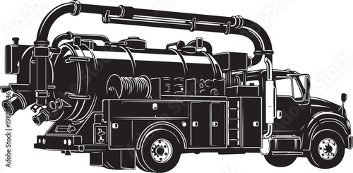 Fire truck, emergency vehicle, rescue truck, black and white illustration, vector graphics