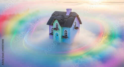 Dreamy small house floating in colorful haze with rainbow light effects