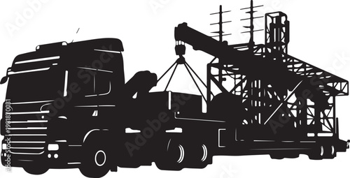 Industrial truck, heavy duty crane, construction equipment, silhouette vector