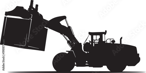 Black silhouette heavy duty tractor, industrial loader, construction vehicle, heavy equipment