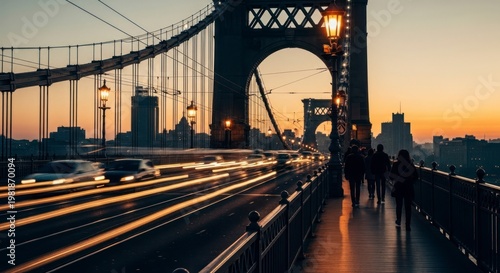 Evening bridge cityscape with illuminated lights pedestrians and moving vehicles