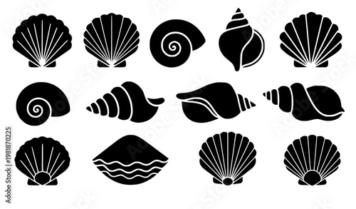 Seashell silhouette icon set beach shell vector symbols