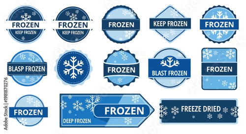 Collection of frozen food labels and badges for product packaging and branding purposes