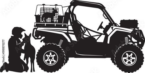 Off-road vehicle, dog, and owner, black silhouette, outdoor adventure, recreational transport