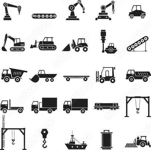 Industrial and Heavy Machinery Silhouette Vector Icon Set with Robotic Assembly Arm and Mining Dump Truck