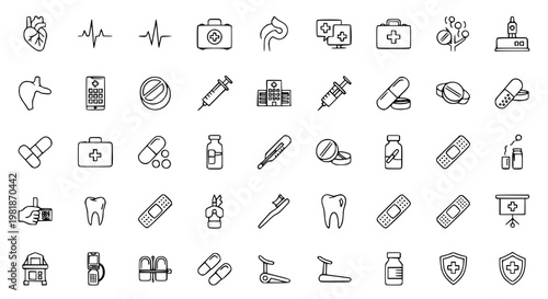 Healthcare medical outline icon set hospital pharmacy thin line vector symbols