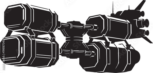 Futuristic robotic spacecraft, sci-fi vehicle, black and white illustration, futuristic technology