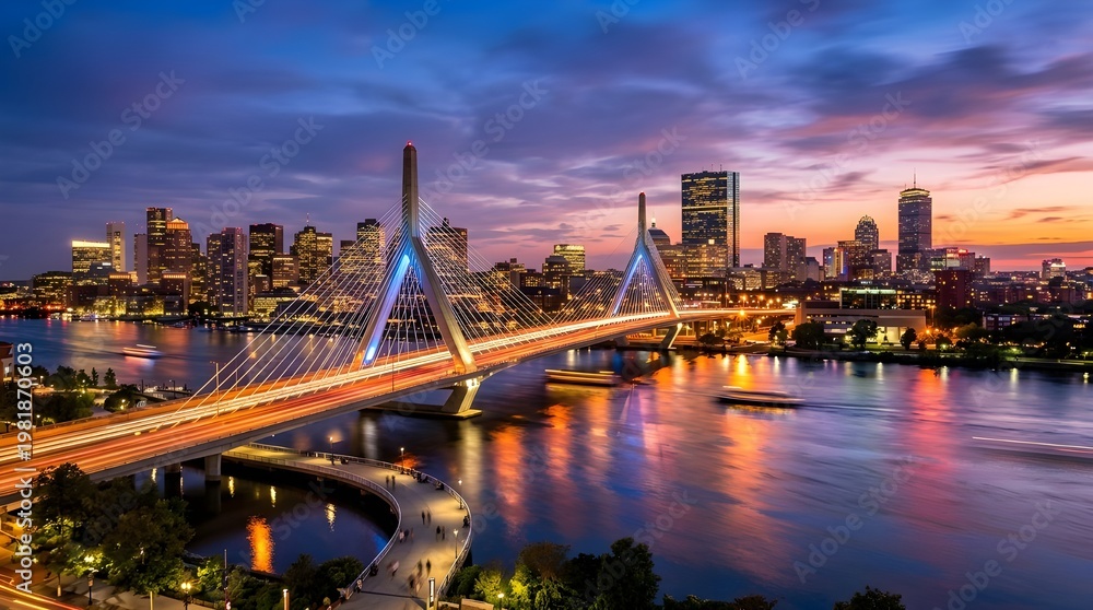 Obraz premium Iconic Cable-Stayed Bridge at Sunset with City Skyline Background, Colorful Water Reflections, Long Exposure Traffic Lights, and Vibrant Evening Sky for Urban Travel and Architecture