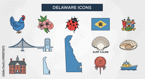 Distinctive Delaware State Symbols and Iconic Landmarks Collection, Showcasing Local Culture, Historical Elements, and Natural Beauty for Regional Travel Designs