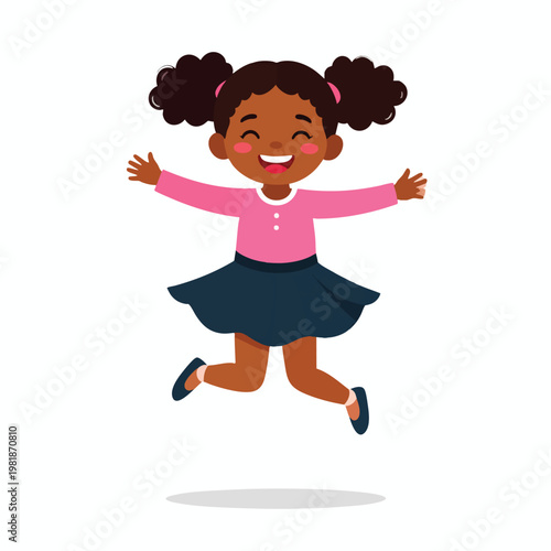 A young girl jumps happily outdoors with pigtails and a pink shirt on.