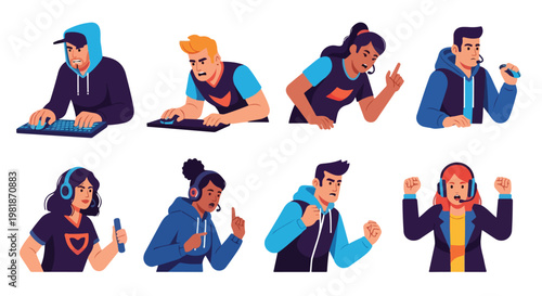 Set of 8 diverse esports gamers vector illustrations