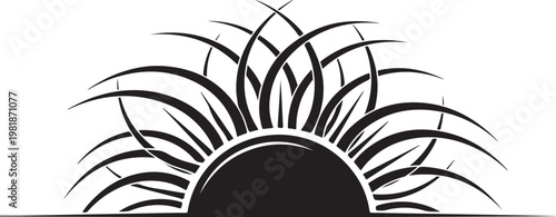 Black sunburst, sun icon, abstract design element, vector graphic