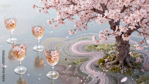 Sakura Tree and Floral Nectar Glasses in Dreamlike Garden Setting