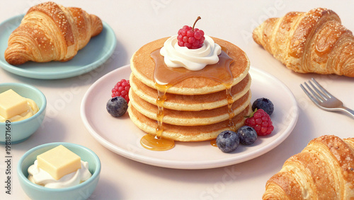 Gourmet Breakfast Spread with Pancakes, Croissants, and Fresh Berries