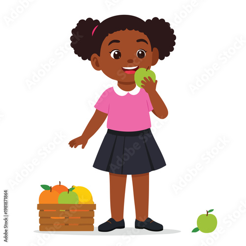 A young girl happily eating a green apple next to a fruit basket