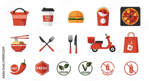 Comprehensive Set of Flat Design Food Delivery and Restaurant Takeout Icons for Modern Digital Menus and Online Ordering Platforms