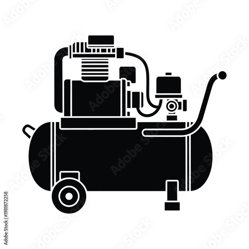 Industrial air compressor vector icon, black silhouette of portable electric piston compressor with tank and wheels, professional pneumatic power tool for workshop and garage