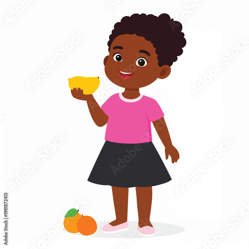 A young girl happily holds a slice of orange in her hand.