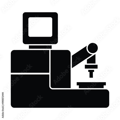 Industrial CNC machine vector icon, automated manufacturing robot arm with monitor screen, black silhouette of precision factory equipment for engineering and production