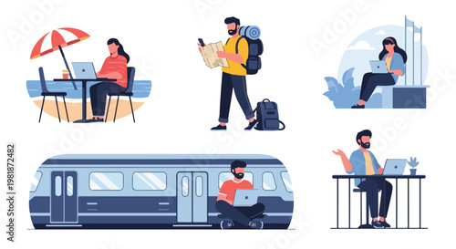 Set of 5 vector illustrations of people working remotely while traveling