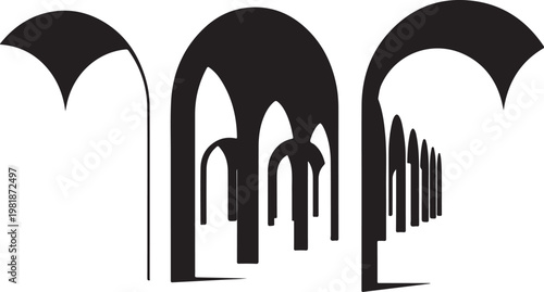 Black archway, doorway, gate icons, set of 3, vector graphics