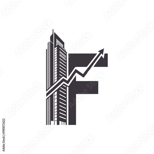 Financial F Letter Logo with Skyscraper and Upward Financial Trend Arrow on Isolated White Background