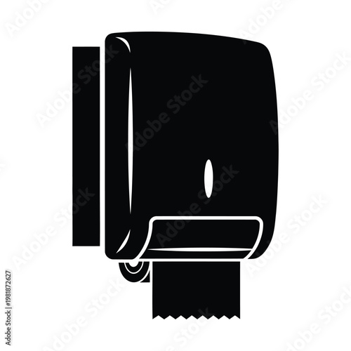 Paper towel dispenser vector icon, black wall mounted hand towel machine silhouette, commercial restroom hygiene equipment, bathroom sanitary supply illustration for signage