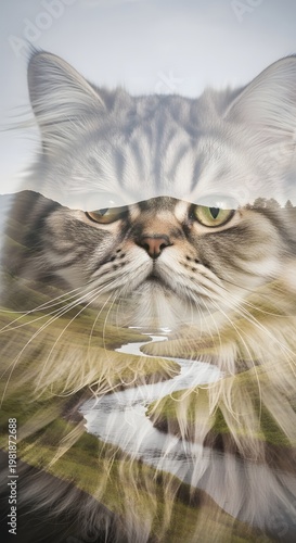 A majestic cat with long fur, its gaze reflects the beauty of nature and the serene landscape. Wall Art, Poster, Animal Print, Landscape Printable