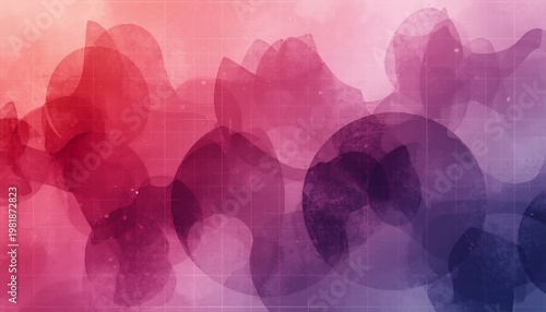 A dynamic abstract background features overlapping watercolor bubbles and translucent circles in shades of pink, purple, and blue.