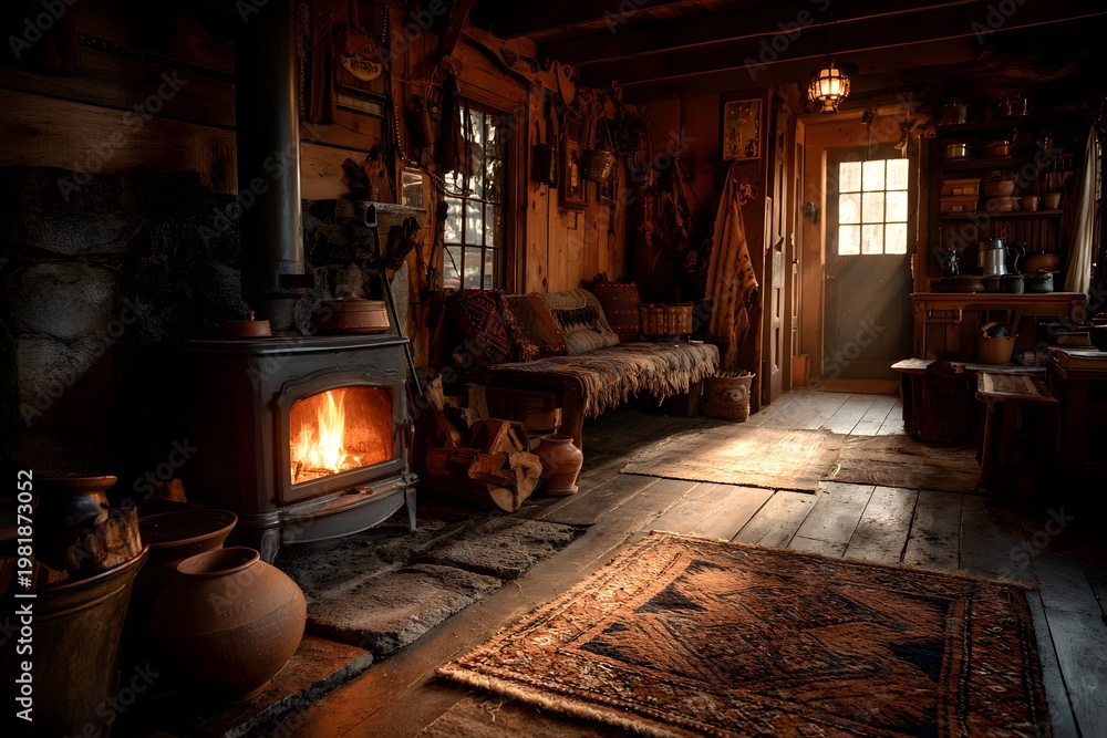 Naklejka premium The hearth glows warmly in a cozy cabin with flickering flames and rustic clay pots.