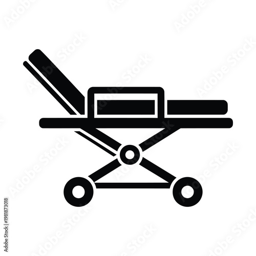 Medical stretcher icon in black silhouette style, hospital gurney vector illustration, emergency ambulance bed for patient transport, clinical equipment sign for healthcare