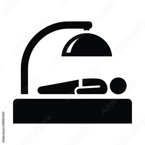 Medical solarium icon with patient lying under UV lamp, tanning bed vector illustration, dermatology phototherapy treatment symbol for clinical skin care and wellness