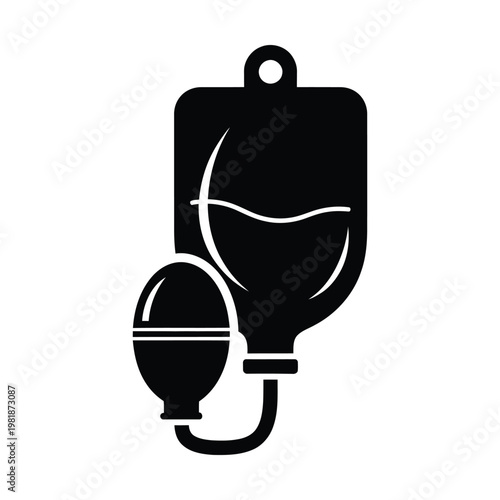 Medical IV drip bag icon, black silhouette of intravenous saline fluid infusion, hospital treatment equipment vector, healthcare therapy and blood donation symbol