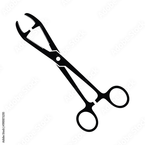 Surgical forceps vector icon, medical hemostat clamp silhouette, black steel surgical tool for hospital surgery, professional medical equipment graphic