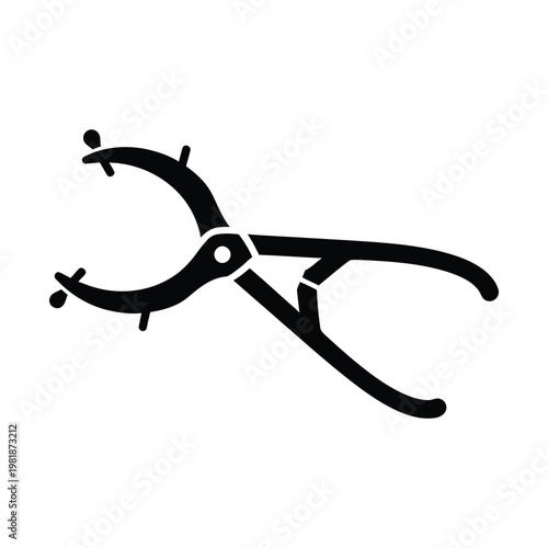 Medical dental rubber dam forceps vector icon, professional dentistry surgical instrument silhouette, black orthodontic clamp tool for dental isolation procedures