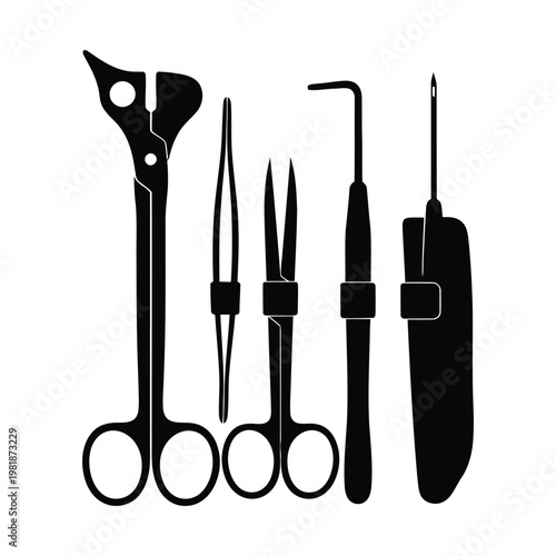 Surgical instruments silhouette collection, medical steel tools set including scissors and tweezers, professional surgery equipment icons for healthcare and hospital design
