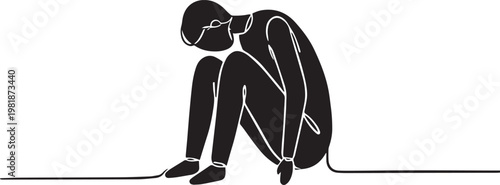 Continuous line drawing of a sad person sitting alone