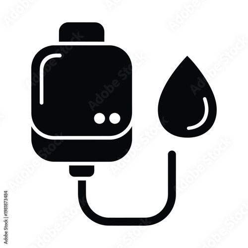 Medical IV drip bag icon in black solid style, intravenous therapy infusion vector illustration, blood donation and saline fluid bag symbol for healthcare apps