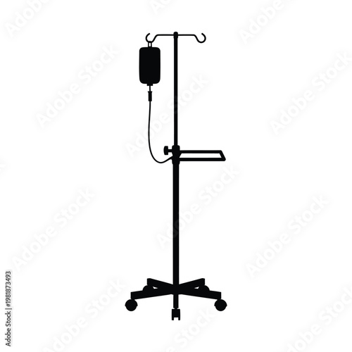 Medical IV drip stand silhouette vector, hospital intravenous pole with fluid bag and wheels, clinical infusion equipment icon for healthcare and emergency medicine design