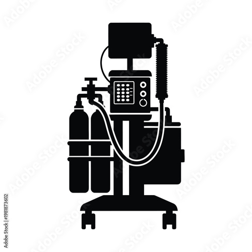 Medical anesthesia machine silhouette vector, hospital ventilator with oxygen tanks and monitor screen, surgical life support equipment for intensive care and operating room