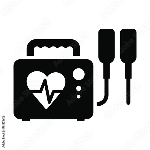 Automated external defibrillator icon, portable medical AED device with heart rhythm monitor and paddles, emergency cardiac life support equipment vector illustration